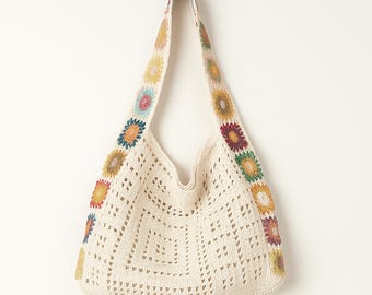 Boho Crochet Tote: Handgemachte Blumen Umhängetasche aus Baumwolle