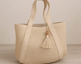 Boho Woven Straw Tote Bag: Handmade Summer Beach Purse with Tassel