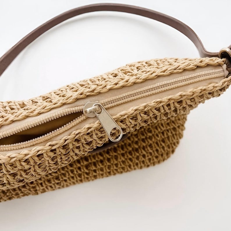 Pu&ograve; includere: Primo piano di una borsa di paglia intrecciata con un cinturino in pelle marrone. La borsa presenta una cerniera beige e una trama intrecciata. La borsa &egrave; di colore beige chiaro.