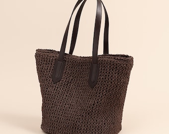 Sac fourre-tout en paille tissée à la main : poignées en cuir, sac de plage écologique