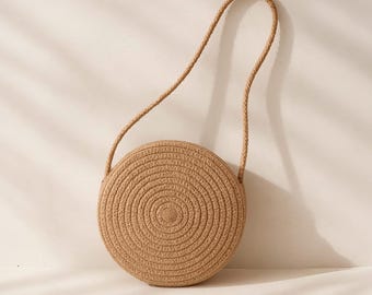 Bolso bandolera redondo de paja tejida a mano, bolso de playa de verano para mujer, estilo bohemio.
