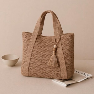 Geflochtene Strohtasche für Frauen, große Boho-Sommertasche mit Quaste, handgefertigte Strandtasche, natürliche umweltfreundliche Schultertasche