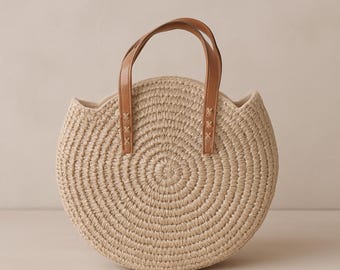 Borsa a tracolla rotonda in paglia intrecciata a mano: borsa a tracolla Boho Beach Market