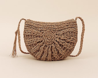 Handmade Woven Straw Crescent Crossbody Bag, Boho Rattan Shoulder Purse
