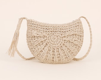 Boho Straw Half Moon Crossbody Bag, Handmade Woven Rattan Shoulder Purse