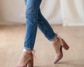 Blush Pink Suede Block Heels with Satin Ribbon Ties, Elegant Chunky Heels for Women, Wedding Party Shoes, Fashionable High Heels