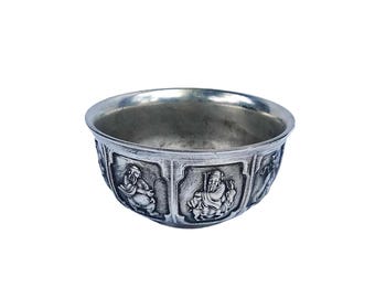 Tibetan Silver Eight Immortals Tea Bowl – Hand Engraved Gongfu Tea Pet, Altar Decor