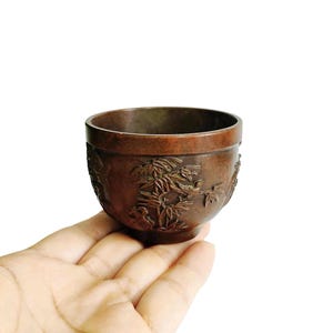 Bronze Tea Cup Incense Burner – Bamboo Bird Feng Shui Ornament, Gongfu Tabletop Decor