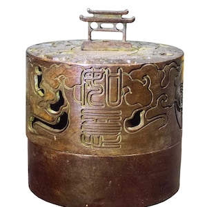 Quemador de incienso cilíndrico de bronce antiguo – Carácter Shou, asa de pagoda, decoración oriental Feng Shui