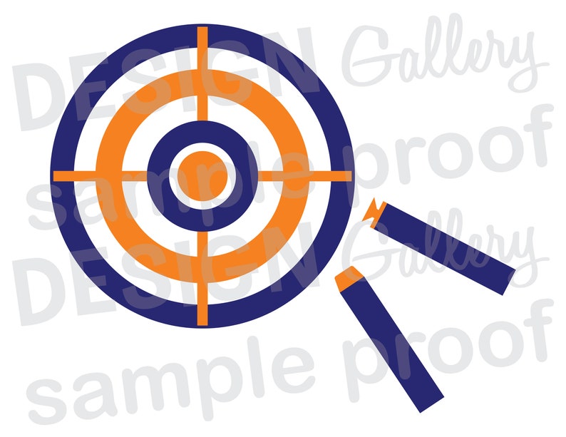May include: A blue and orange target with two blue darts. The target has concentric circles with a bullseye in the center.