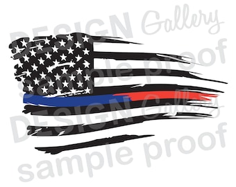 American Flag Thin Blue and Red Line - Distressed Rippled Wave Tattered - JPG image & SVG DXF cut - Printable Digital Iron On
