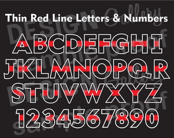 Thin Red Line Letters and Numbers Alphabet - JPG image & SVG DXF cut - Printable Digital Iron On