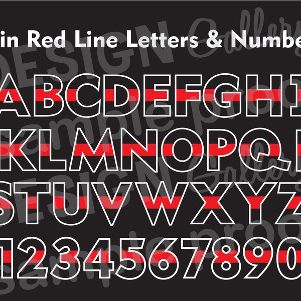 Thin Red Line Letters and Numbers Alphabet - JPG image & SVG DXF cut - Printable Digital Iron On