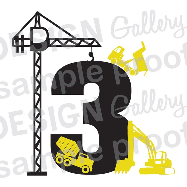 3 Three Third Birthday - Construction - JPG, png & SVG, DXF cut file, Printable Digital, crane dump truck cement truck - Instant Download