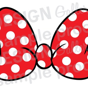 May include: A red bow with white polka dots. The bow is made of felt and has a black outline.