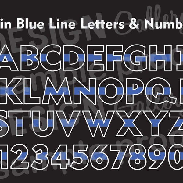 Thin Blue Line Letters and Numbers Alphabet - JPG image & SVG DXF cut - Printable Digital Iron On