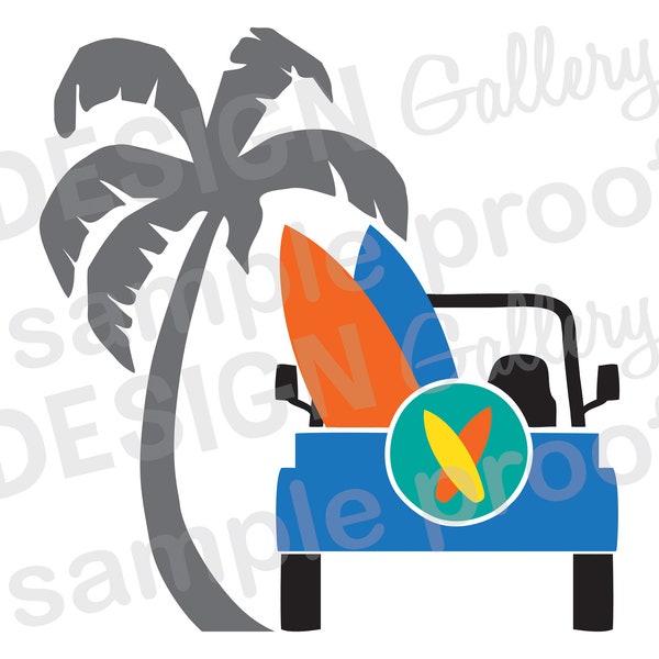 Summer Beach Jeep Surf Palm Tree - SVG DXF cut & jpg PNG image files - Printable Digital