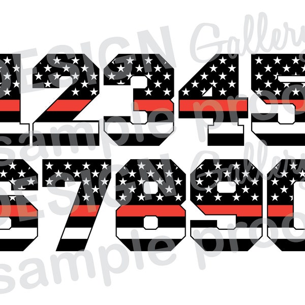 Thin Red Line Numbers block font - svg, dxf, jpg, png - Printable Digital Iron On
