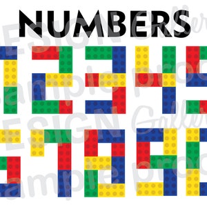 May include: Numbers 1 through 10 are formed using colorful Lego blocks. Each number is made up of red, yellow, blue, and green blocks.