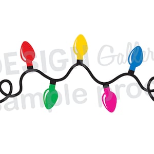 May include: A string of colorful Christmas lights with red, yellow, green, blue, and pink bulbs. The lights are connected by a black wire with a loop on each end. The background is white.