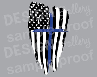 Distressed Thin Blue Line Flag Cross - Distressed Rippled Wave Tattered - JPG image & SVG DXF cut - Printable Digital Iron On