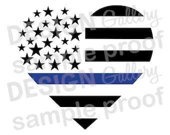Heart American Flag Thin Blue Line - JPG image & SVG DXF cut - Printable Digital Iron On - police officer sheriff deputy law enforcement