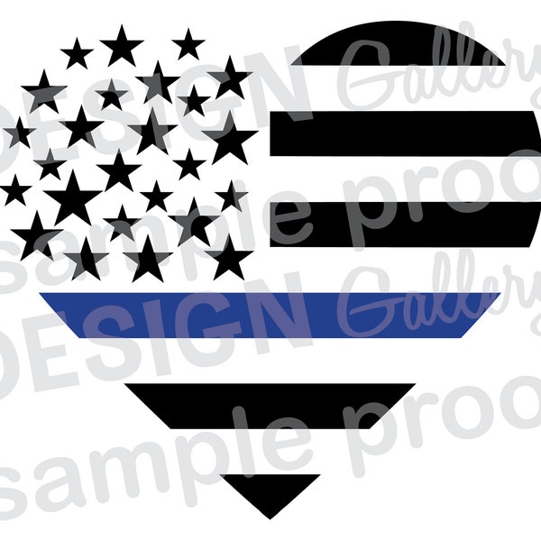 Heart American Flag Thin Blue Line - JPG image & SVG DXF cut - Printable Digital Iron On - police officer sheriff deputy law enforcement