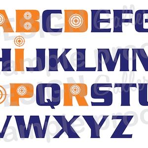 May include: An alphabet with blue letters and orange target symbols. The letters are in uppercase and are in a bold font. The target symbols are in the center of some of the letters.