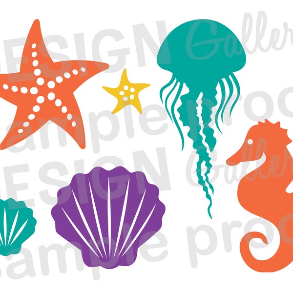 Ocean Animals - SVG, DXF and PNG, Printable Digital, seashell Starfish Seahorse Jellyfish Under the Sea Mermaid - Instant Download