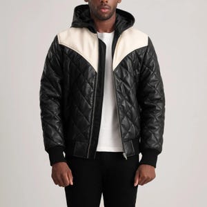 Black Leather Bomber Jacket for Men | Bomber Zip Up Winter Jacket | Handmade Puffer Hooded Coat | Gift for Him | Vintage Leather Jacket