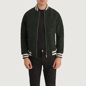 Blouson en cuir suédé homme, Blouson en cuir vintage vert pour homme, Blouson motard en cuir daim vert pour homme | Cadeau personnalisé pour lui