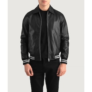 Men’s Varsity Leather Jacket – Retro Letterman Bomber, Genuine Leather Streetwear Outerwear for Fall & Winter, Vintage Sport Style Coat
