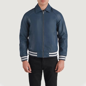 Blouson en cuir artisanal fait main | Veste en cuir bleue pour homme | Veste motard bleue pour homme | Veste en cuir pour homme | Blouson moto en cuir