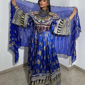 Royal Blue Afghan Traditional Dress with Embroidered Kameez and Dupatta – Handmade Ethnic Gown