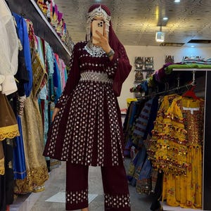 Maroon Afghan Traditional Dress | Handmade Embroidered Kameez & Trousers | Ethnic Bridal Attire with Jewelry | Afghan Party Dress for Women