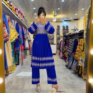Royal Blue Embroidered Afghan Dress | Traditional Handmade Kameez with Trouser | Ethnic Party Wear | Afghan Clothing for Women