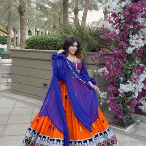 Handmade Traditional Afghan Dress | Orange & Royal Blue Kameez | Embroidered Kuchi Style Party Dress | Afghan Attan Dress for Women |Vintage