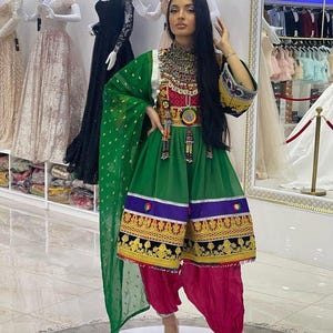 Traditional Afghan Green Kameez with Embroidered Details | Handmade Kuchi Dress | Ethnic Festival Wear | Afghan Party Dress for Women