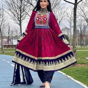 Elegant Maroon Afghan Dress with Velvet Embroidery – Traditional Handmade Attire