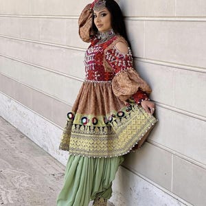 Traditional Afghan Dress | Handmade Embroidered Kuchi Dress with Cold Shoulder & Jewelry Detailing