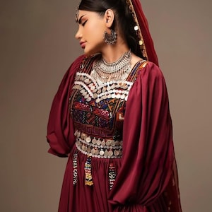 Handmade Maroon Afghan Dress | Long Traditional Frock with Embroidery & Coin Work.