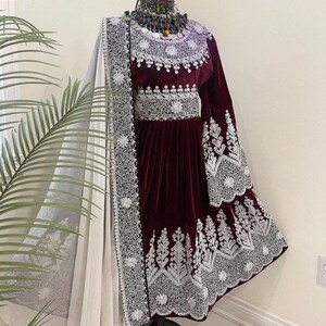 Handmade Maroon Velvet Afghan Dress with White Embroidery and Dupatta – Traditional Ethnic Wear