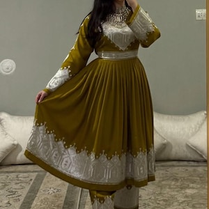 Mustard Gold Embroidered Afghan Dress | Traditional Long Frock with Pants | Ethnic Party Wear | afghan women dress | vintage afghan.