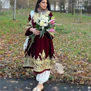 Handmade Maroon Afghan Dress. Gold Embroidered Traditional Frock with White Shalwar & Dupatta