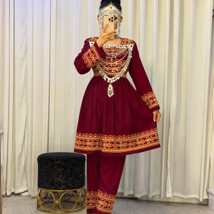Handmade Maroon Afghan Dress | Traditional Kuchi Dress with Silver Embroidery and Headpiece | Ethnic Wedding & Festival Outfit