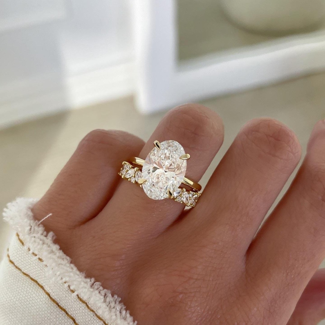 3ct Oval Moissanite Engagement Ring Set - Oval Cut Solitaire 14K Gold ...