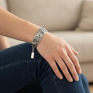 Silver Rectangular Bracelet, Statement Bracelet, Geometric Bracelet, Ornament Bracelet, Hippie Bracelet, Gift for Mom, Christmas Gift, B119
