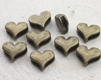 10 Heart Slider Beads, DIY Bracelet, Chokers Making, Antique Bronze Plated, High Quality, Jewelry Making Supply, Wholesale Price ZM135ab