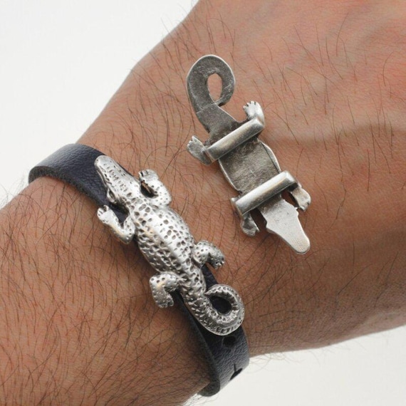 5 Silver Alligator Bracelets Beads, Antique Silver Crocodile Beads