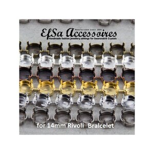 Puede incluir: Filas de engastes de joyería en plata, oro, bronce y negro. Los engastes están diseñados para cristales Rivoli de 14 mm. La imagen incluye el texto "EfSa Accessoires" y "Handmade fashion jewellery settings for Swarovski® Crystals."